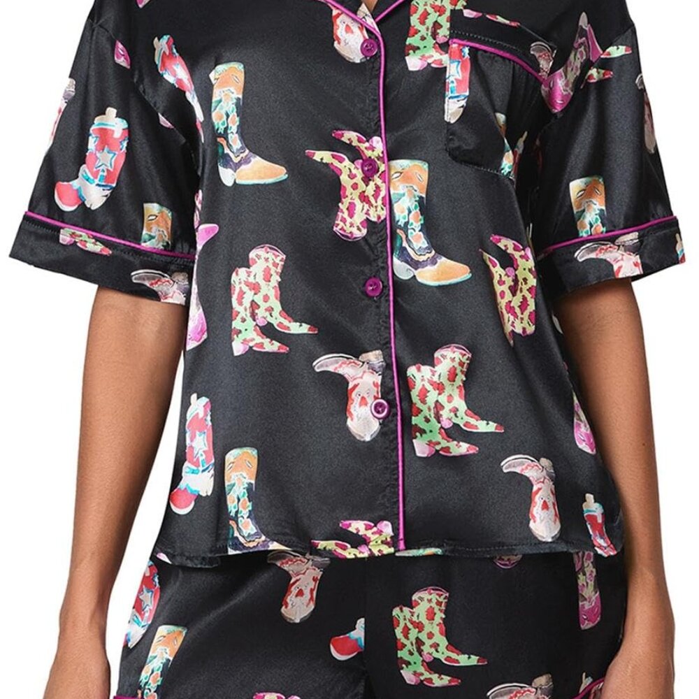 Y2K Cowgirl Pajama Set Satin Short Sleeve Button Down Shirt and Shorts